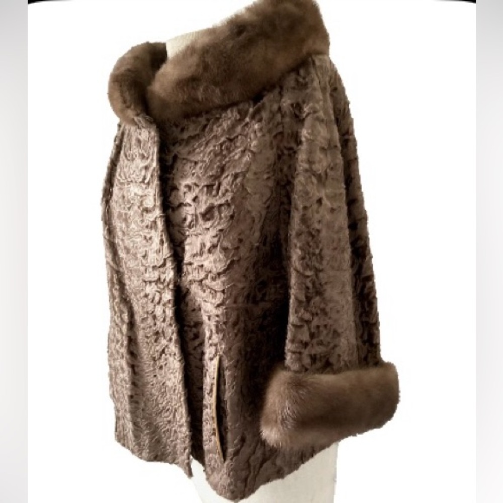 FLEMINGTON FURS BROWN PERSIAN CURLY LAMB MINK COLLAR FUR BLAZER JACKET L-XL - Picture 2 of 5